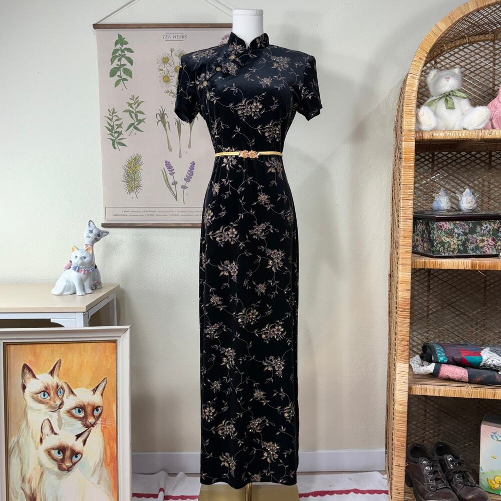90s Y2k Floral Velvet Glitter Qipao Dress Dark Fairy Romantic Sexy Witchy S 6
